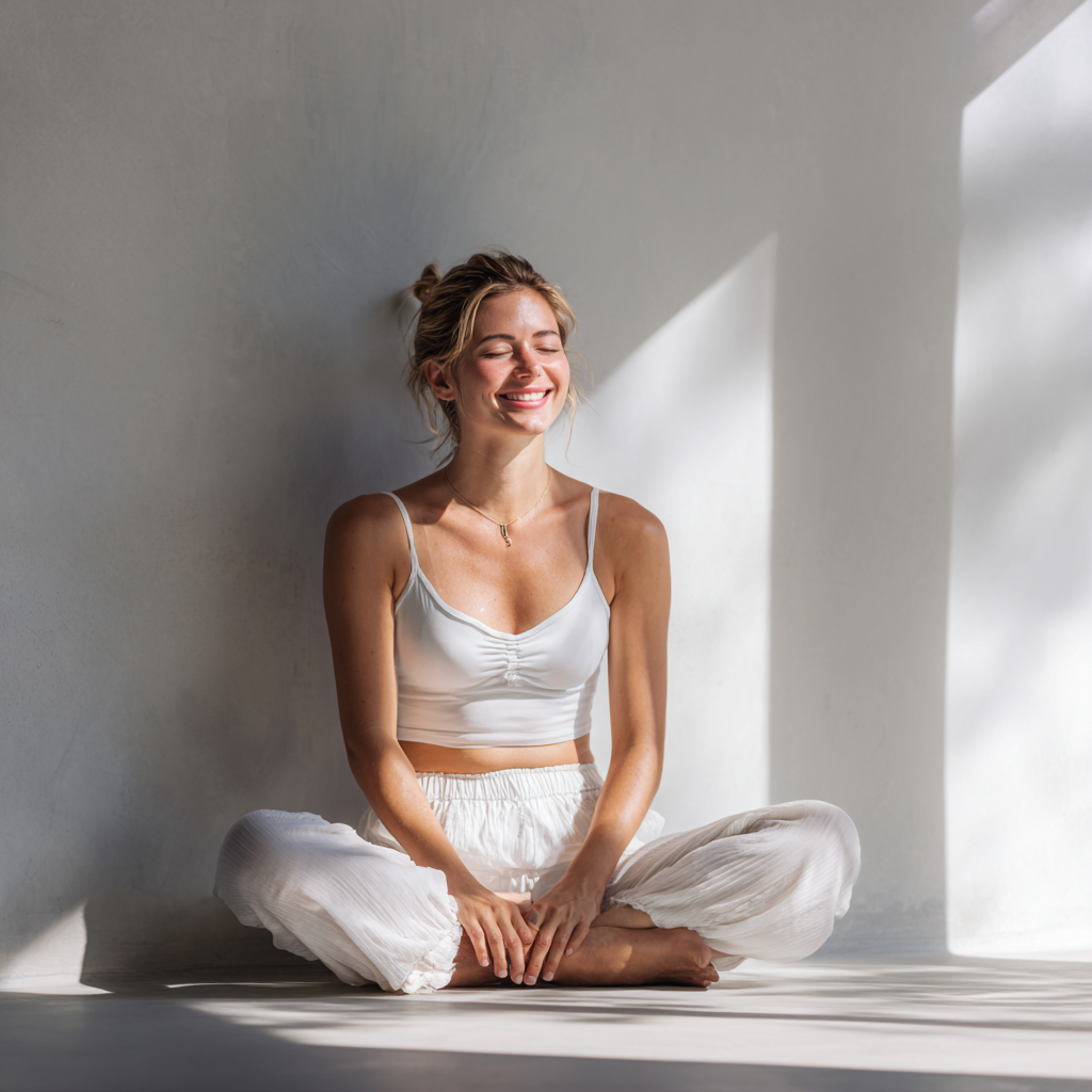 Молода жінка європейської зовнішності 25-30 років з щирою посмішкою в позі лотоса на йога маті, одягнена у світлий спортивний одяг, на тлі затишної йога-студії з м'яким освітленням