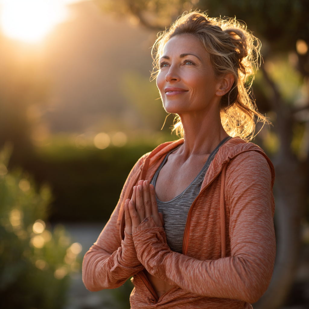 Чоловік європейської зовнішності 30-35 років з спокійним виразом обличчя та легкою посмішкою виконує медитативну позу йоги в затемненій кімнаті з м'яким світлом свічок