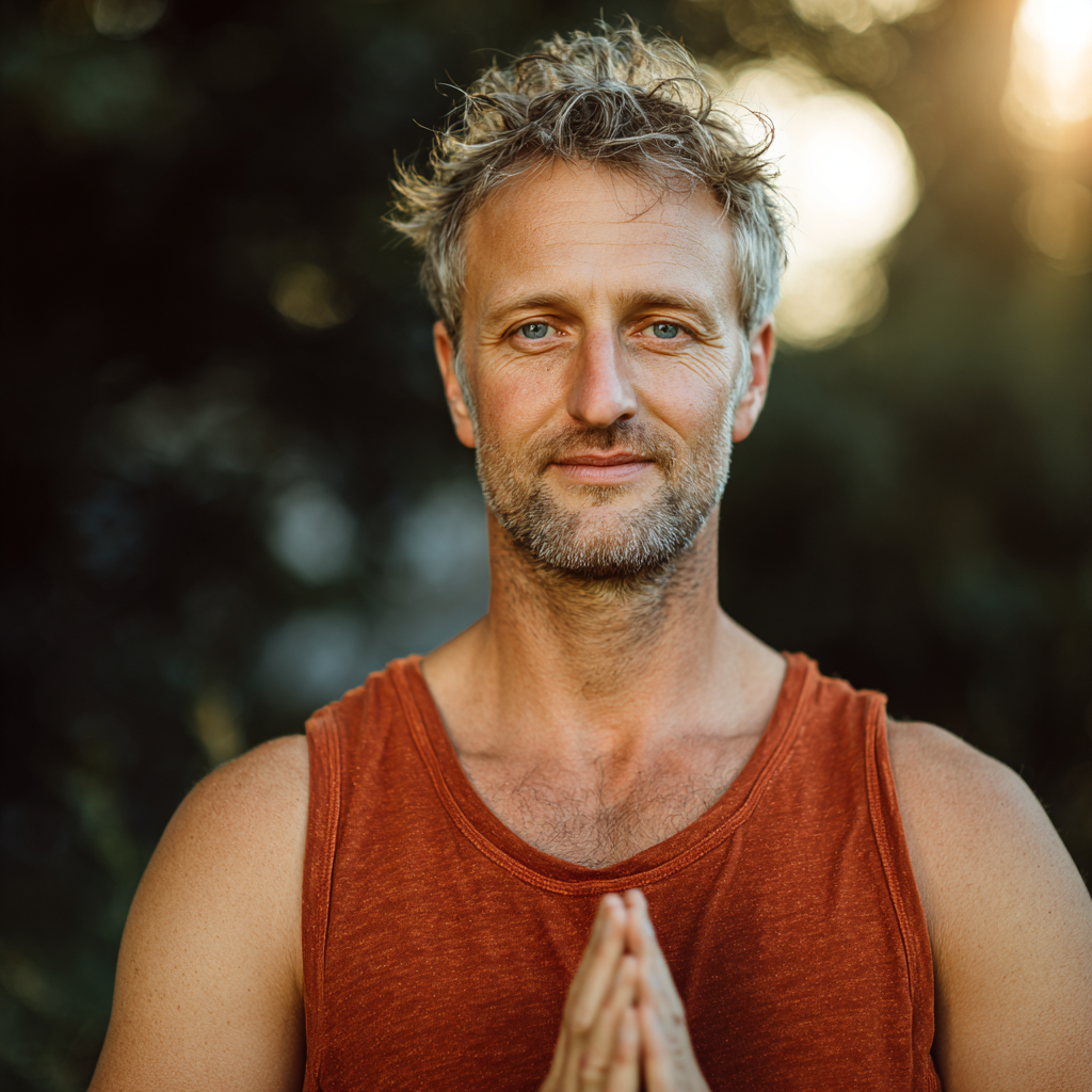 Група людей європейської зовнішності різного віку (25-45 років) з щасливими посмішками під час групового заняття йогою в сучасній студії з великими вікнами та природним освітленням